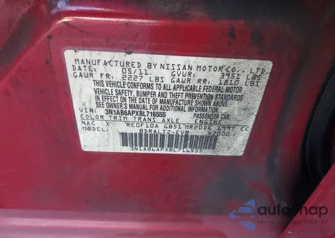 2011 Nissan Sentra 2.0S z USA, uszkodzony, nr VIN 3N1AB6APXBL716555